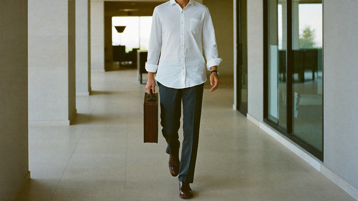 A man in a white Oxford shirt and charcoal tailored trousers walking through an office lobby