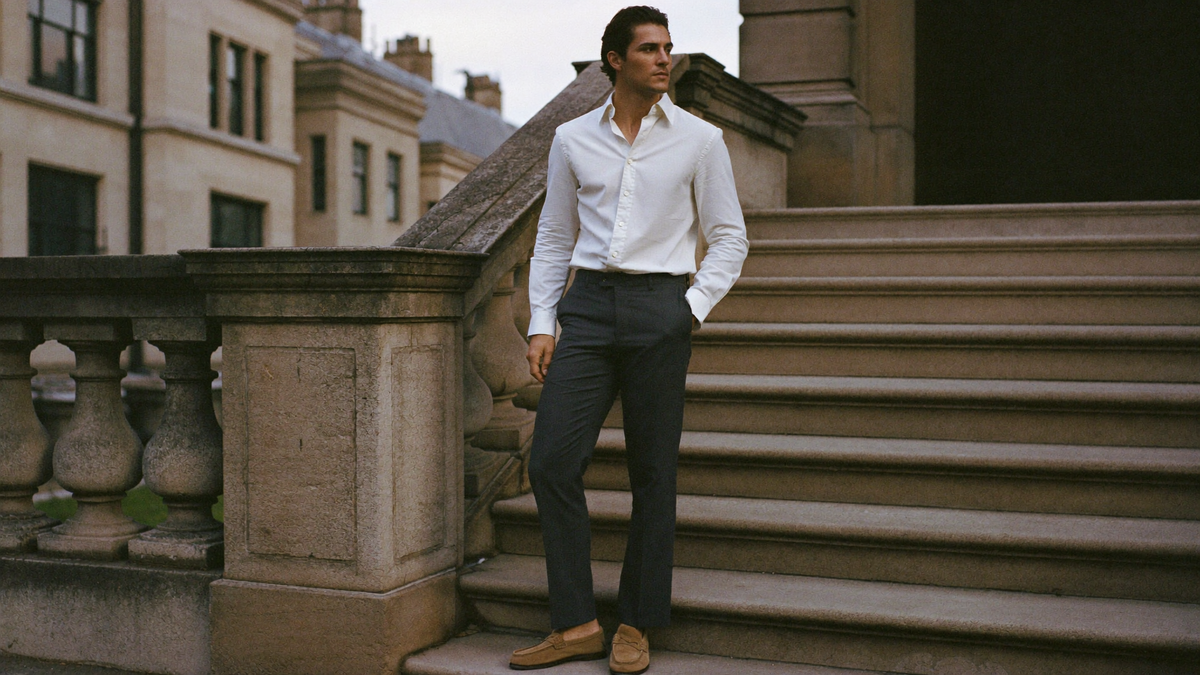 A man in a white Oxford shirt, charcoal tailored trousers and sand suede loafers on the steps of a London townhouse