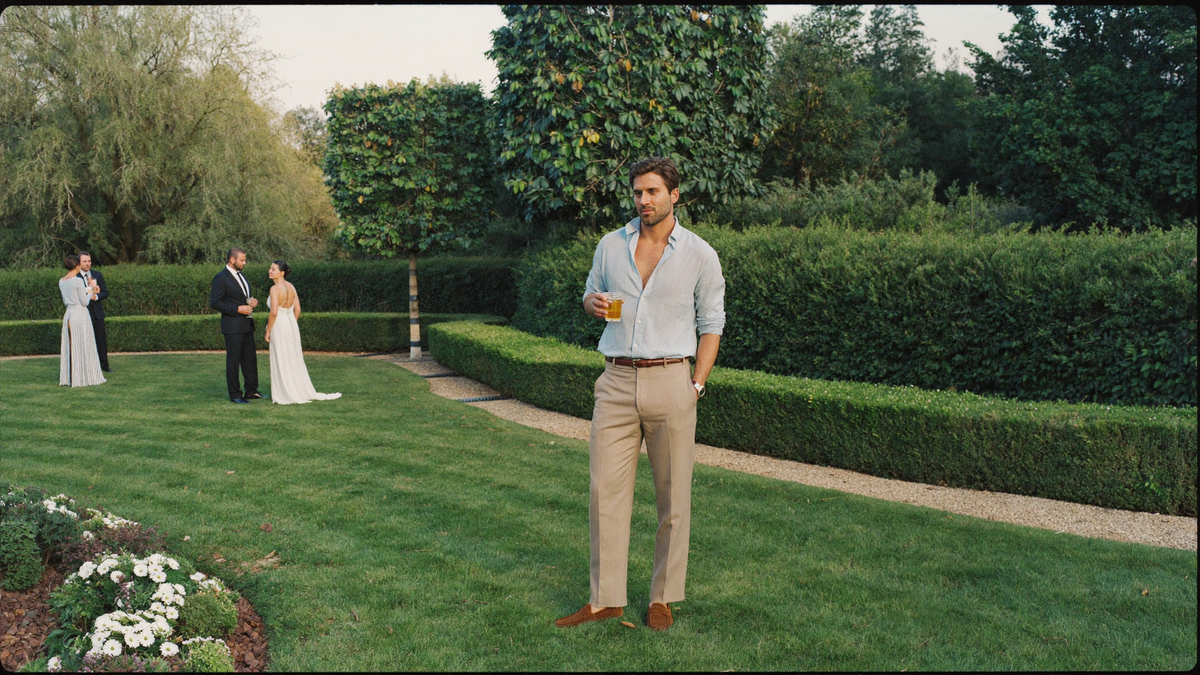 A wedding guest in a pale blue linen shirt and sand tailored trousers in an English garden