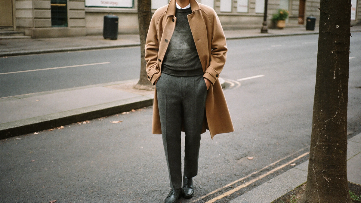 A man in an open camel merino wool overcoat over knitwear on a cold London street